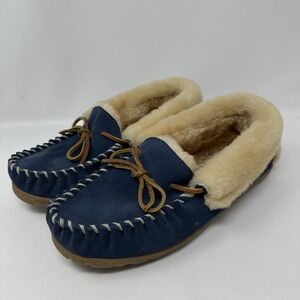 LL Bean Moccasin Shoes Womens Size 10 Blue Suede Shearling Lined Slippers House
